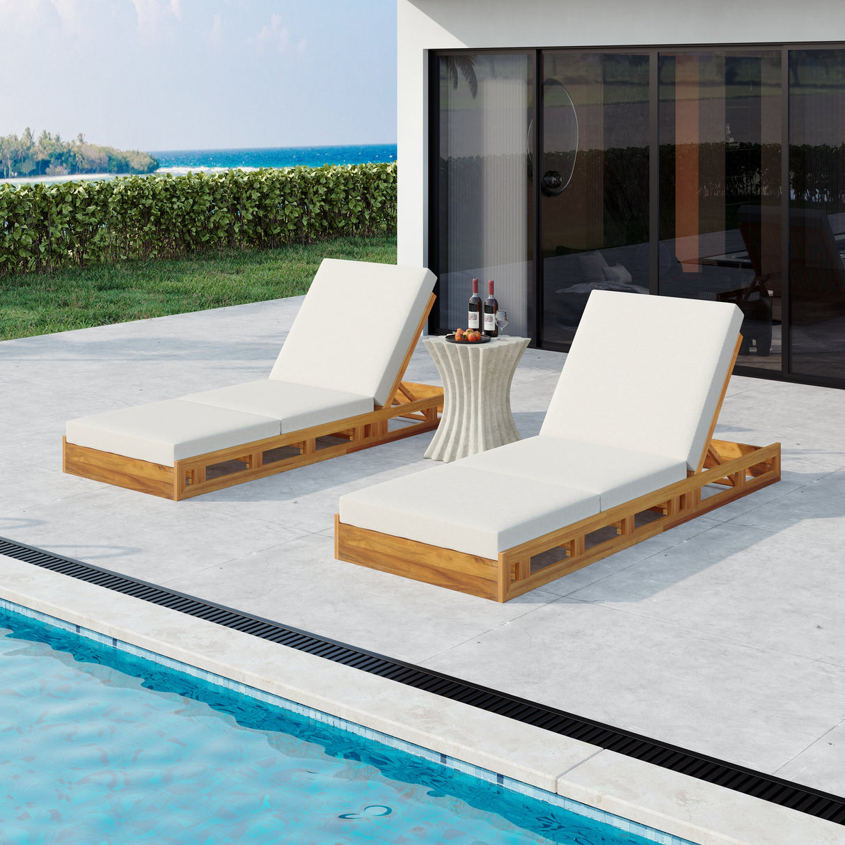 Lounge Chaise Set, Acacia Solid Wood with Lounge Cushion (Cream & Triple Fold) - Matching Dark