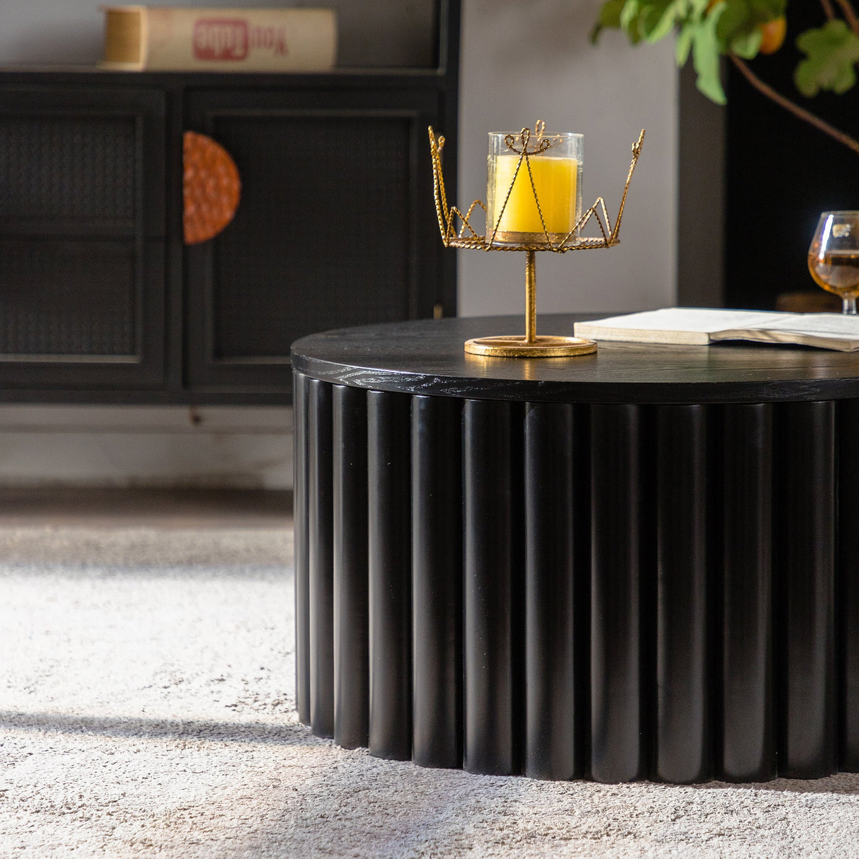Round Coffee Table With Lift Handcrafted Relief