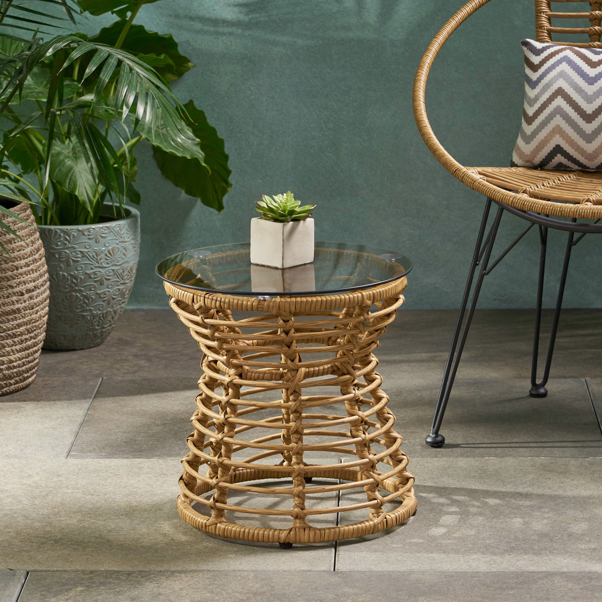 San Pedro Boho Style Side Table with Tempered Glass Top in Light Brown Rattan