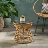 San Pedro Boho Style Side Table with Tempered Glass Top in Light Brown Rattan