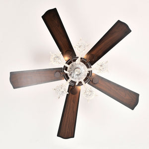 52" Crystal Shade Ceiling Fan Lamp, 3 Speed, 4 Timing, 5 Reversible Blades Crystal Ceiling Fan, 5 Pieces X E12 (No Include Bulb), Hand Pull Chain - Matte Black