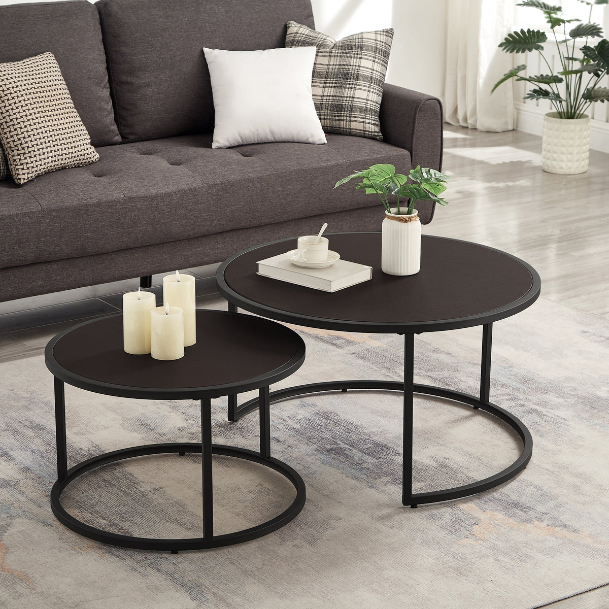 Modern Faux Leather Nesting Coffee Table Set with Black Metal Base - Dark Brown