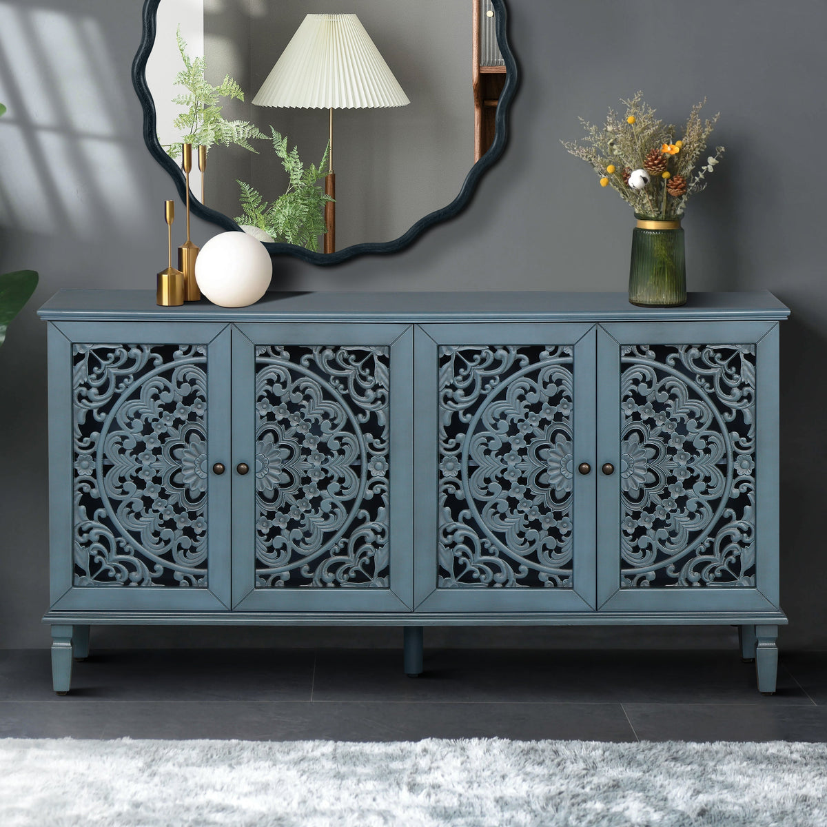 60" Antique Buffet Cabinet with Floral Carvings and Adjustable Shelves