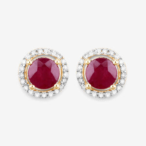 1.22 Carat Genuine Ruby and White Diamond 14K Yellow Gold Earrings
