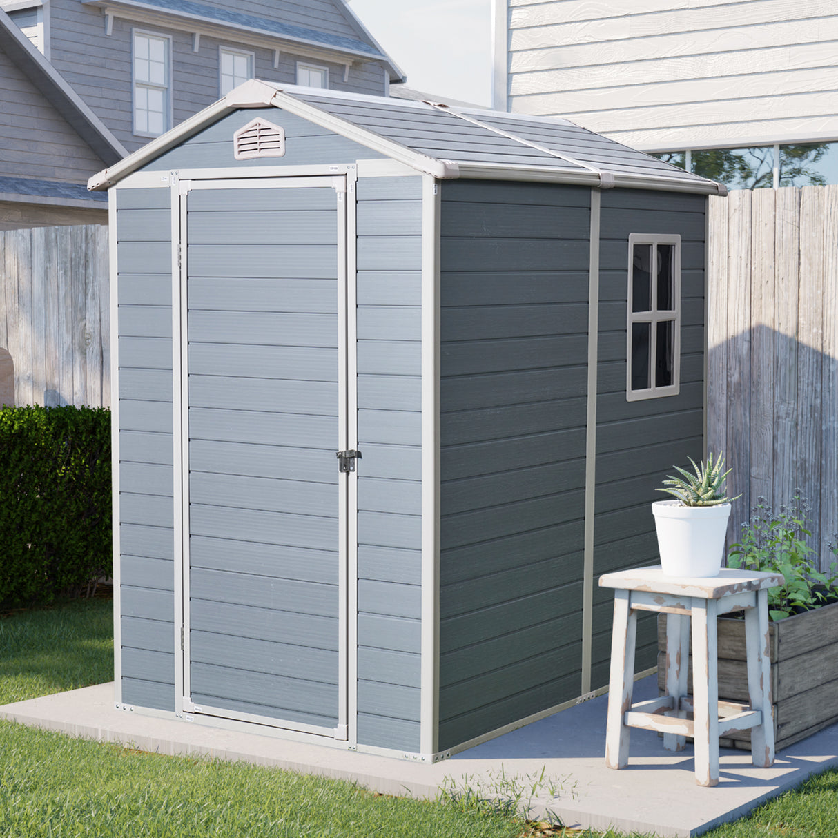 4x6ft resin outdoor storage shed with floor and lockable doors for patio,yard,lawn ,grey