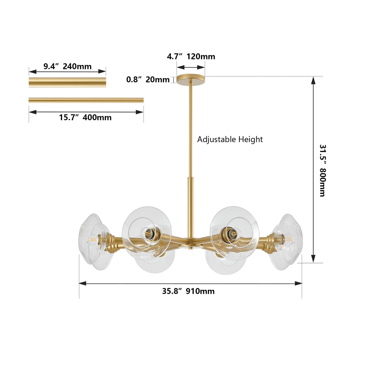 36' Modern Gold 8-Light Sputnik Chandelier with Clear Glass Shades, Mid-Century Hanging Pendant Light Fixture for Dining Room, Living Room, or Kitchen (Bulb Not Included)