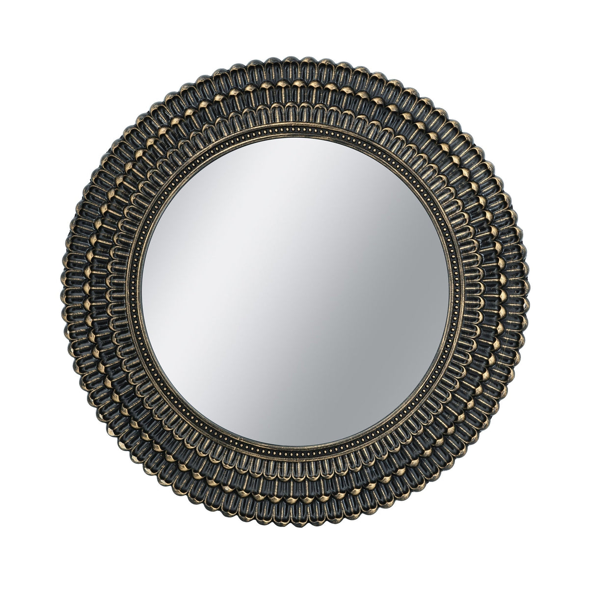Round Black and Gold Wooden Accent Mirror with Woven Texture - 26.5"