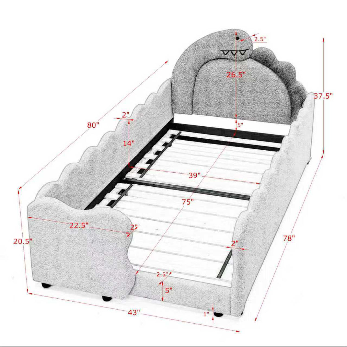 Twin Size Cute Dinosaur-Shaped Kids Bed with Safety Guardraild, Solid Wood Toddler Bed Frame for Children for Bedroom, Boucle Fabric