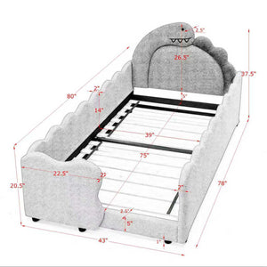 Twin Size Cute Dinosaur-Shaped Kids Bed with Safety Guardraild, Solid Wood Toddler Bed Frame for Children for Bedroom, Boucle Fabric