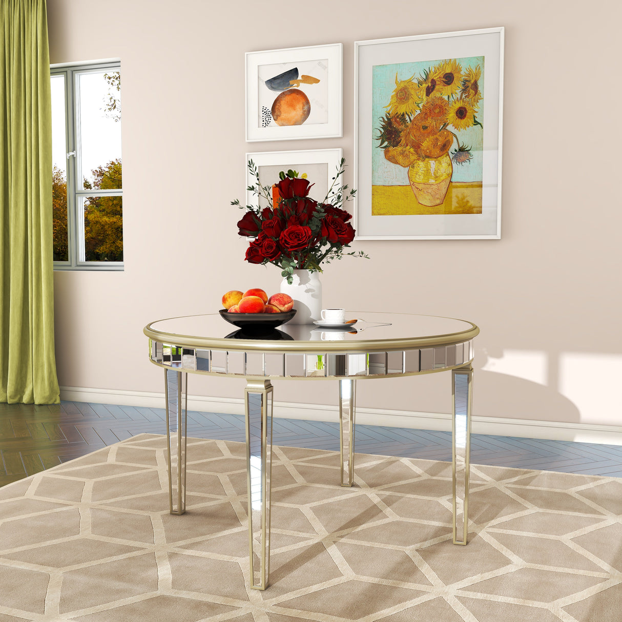 Round Glass Dining Table with Mirror Top