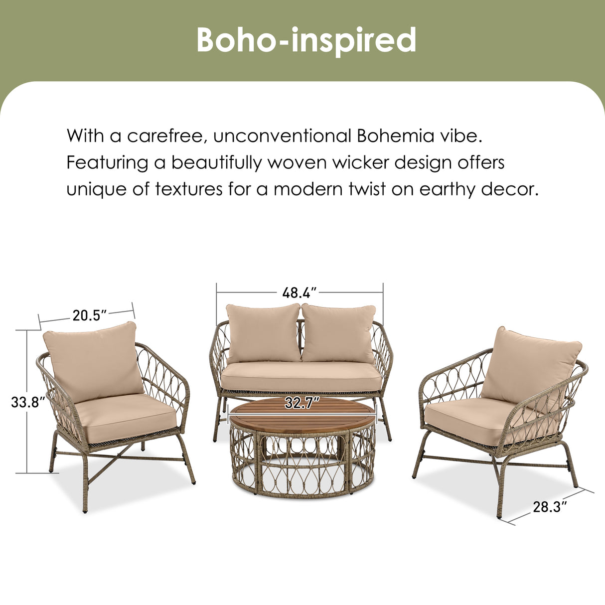 4 Piece Bohemian Wicker Chat Set With Acacia Wood Table