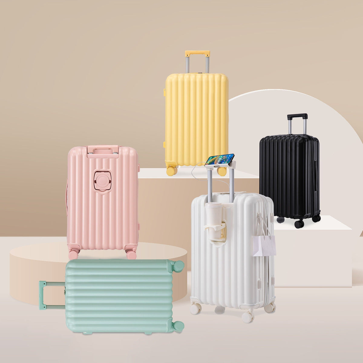 20" / 24" / 28" 3 Pieces / Set Spinner Wheel Luggage, Carry On Suitcase, With Cup Holder & USB Port & Phone Holder
