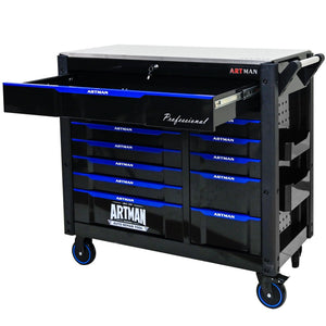 12 Layer Drawer Multi Purpose Tool Cart With Wheels And Iron Top - Black / Blue