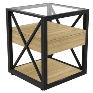 Modern End Table with Drawer - Natural Wood & Tempered Glass