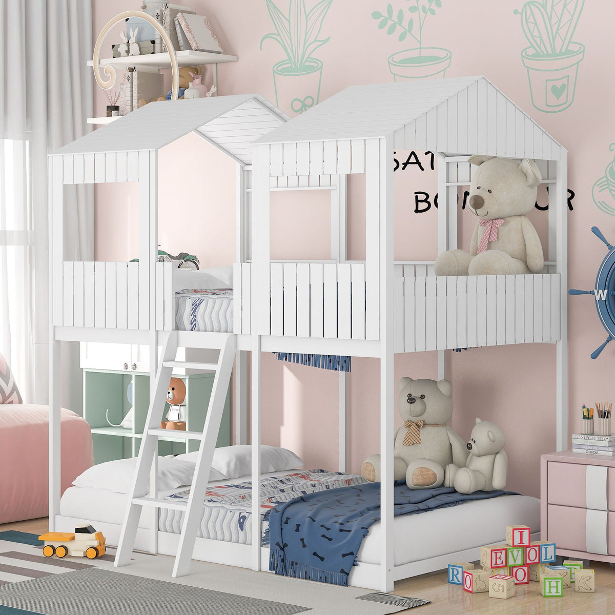 Bunk Bed With Roof, Window, Guardrail, Ladder