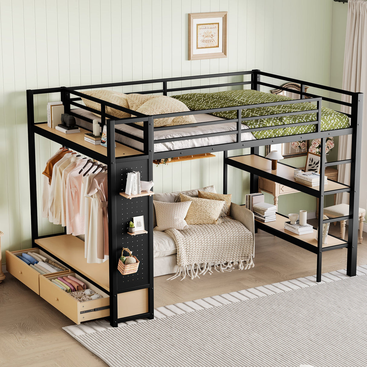 Queen Size Metal Loft Bed Frame with Wardrobe