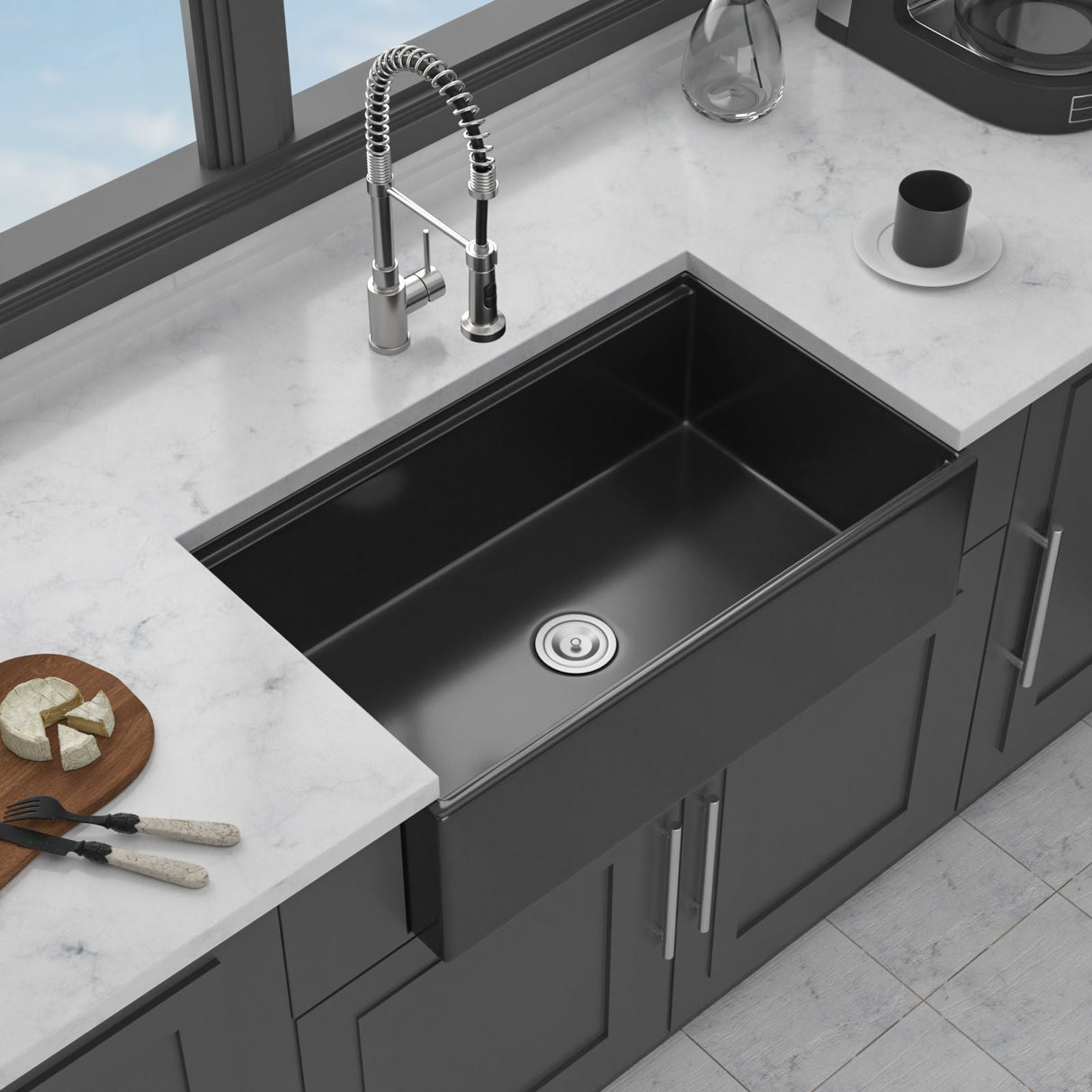 Porcelain Ceramic Farmhouse Sink Workstation with Reversible Apron Design - Single Bowl