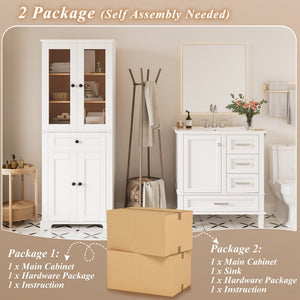Bathroom Vanity & Tall Storage Cabinet Set With Doors, Adjustable Shelves, Soft Close Hinges, Sink