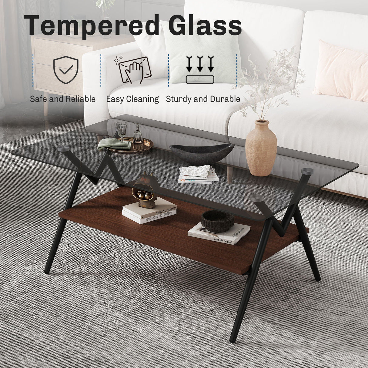 Rectangle Coffee Table With Tempered Glass Top And Shelf, Modern Table For Living Room