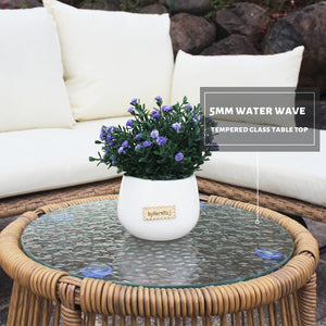 6PCS Outdoor Patio Balcony Natural Color Wicker Sofa Chair Set with Beige Cushion and Round Tempered Glass Table
