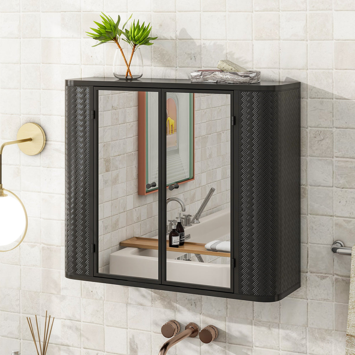 Black Wall-Mounted Bathroom Cabinet with Mirror, 2 Mirrored Doors & Open Shelf