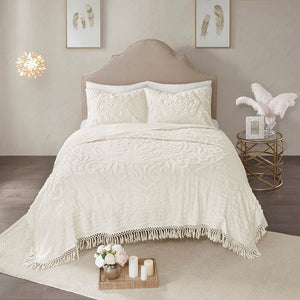 Tufted Cotton Chenille Medallion Fringe Coverlet Mini Set - Off-White Full/Queen