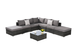 8 Pieces Outdoor Patio Sectional Sofa Couch,Wicker Furniture Conversation Sets with Washable Cushions & Glass Coffee Table for Garden, Poolside, Backyard