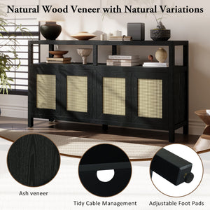 TREXM Bohemian Style Rattan Buffet Storage Cabinet with Solid Wood Frame