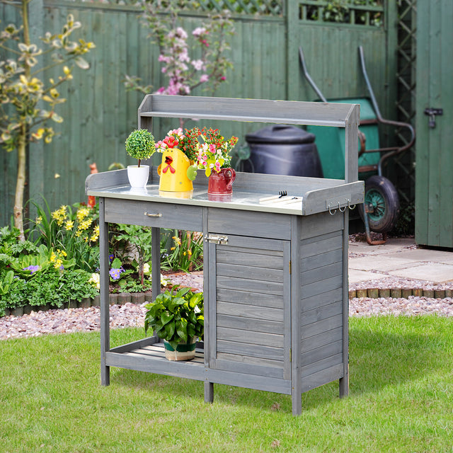 Outdoor-potting-bench-table,-with-storage-cabinet,-open-shelf-and-steel-tabletop,-gray-Potting-Bench-&-Storage