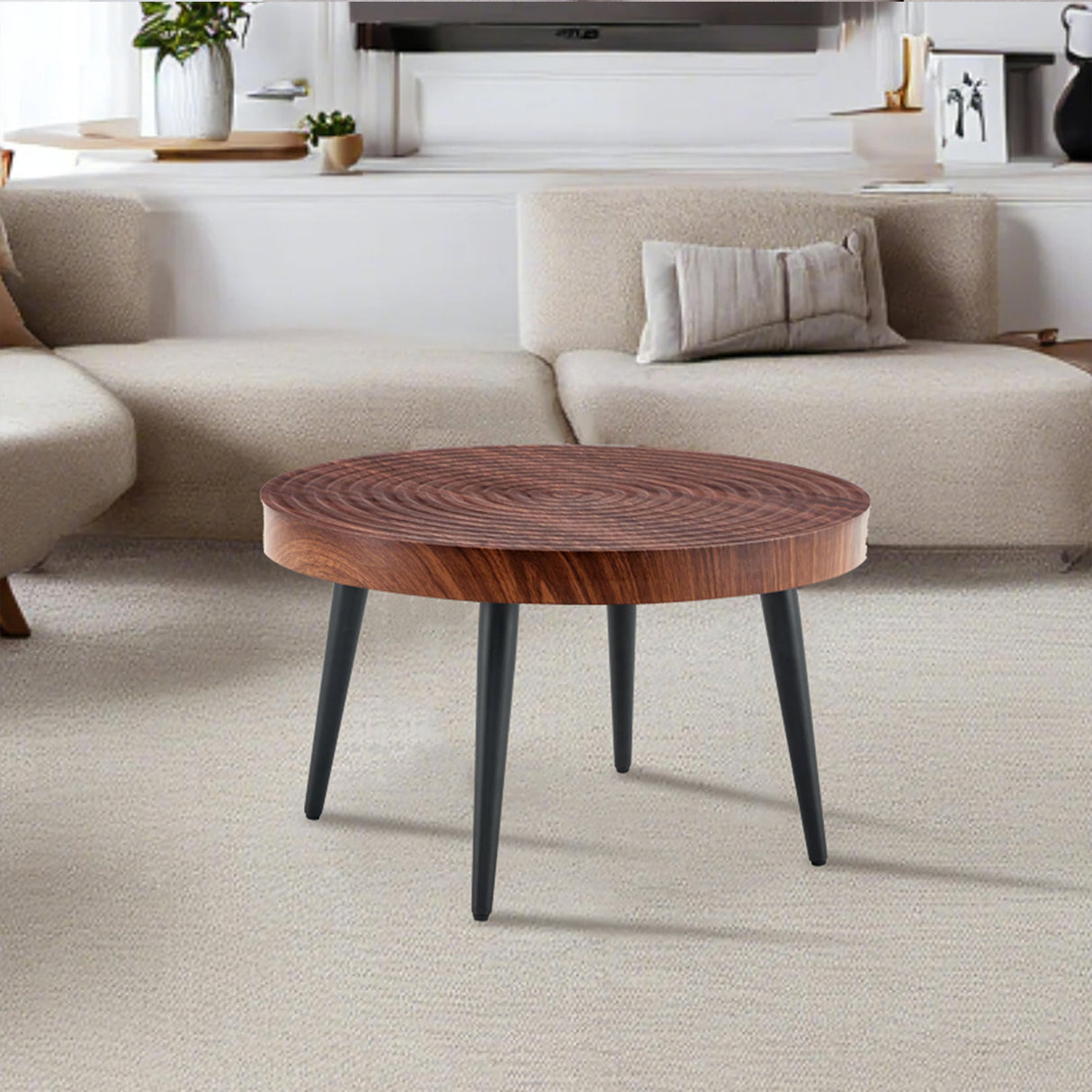 Modern Round Coffee Table - Walnut Pattern MDF And Black Metal Legs