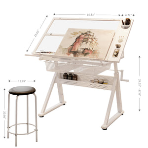 Hand Crank Adjustable Tempered Glass Drafting Table with Chair
