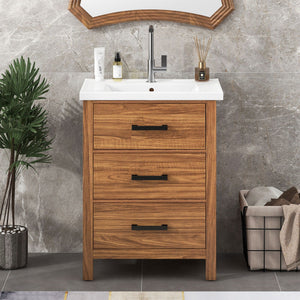 24'' Bathroom Vanity With Basin Sink, 3 Drawer Storage Cabinet - Natural Wood