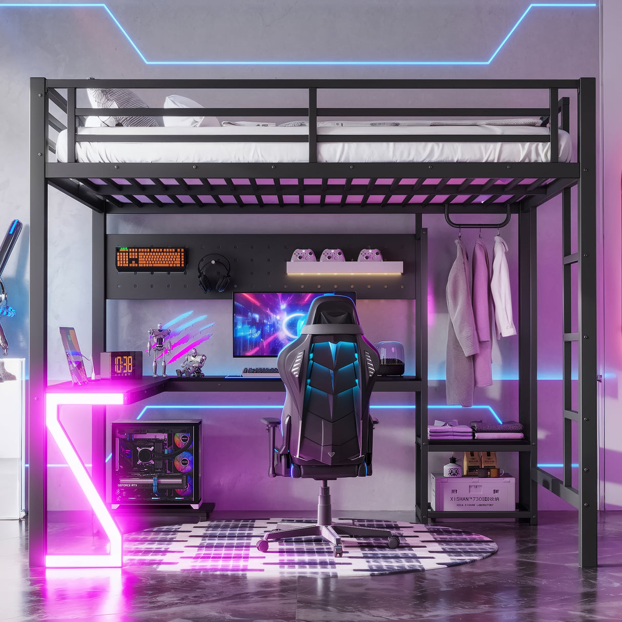 Queen Loft Bed with L-shaped Desk and USB Ports