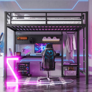 Queen Loft Bed with L-shaped Desk and USB Ports