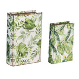 Set of 2 Botanical Green And White Book Boxes, L:11x7x3' S:8x5x2'