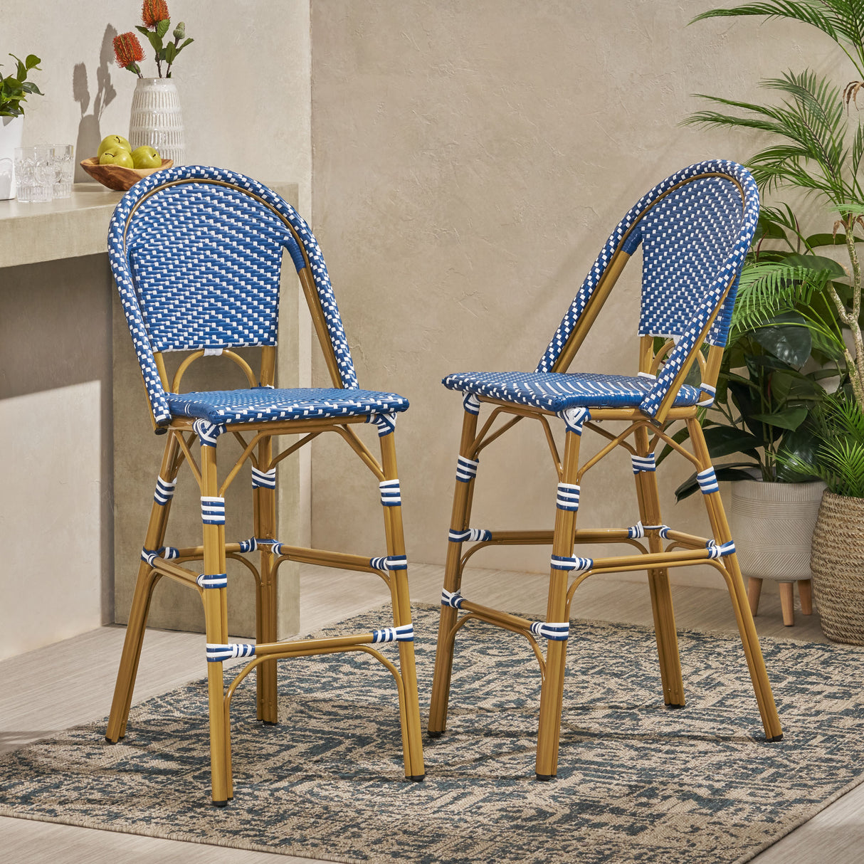 29.5" outdoor pe rattan french barstool, dark teal and white, aluminum frame with bamboo finish (set of 2)
