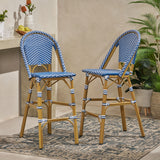 29.5" outdoor pe rattan french barstool, dark teal and white, aluminum frame with bamboo finish (set of 2)