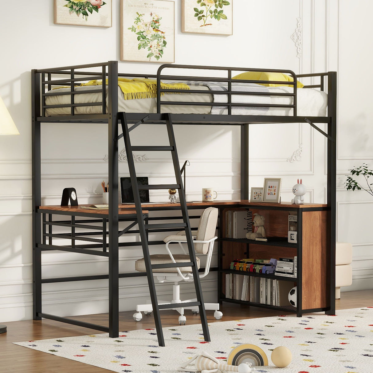 Loft Bed & 3 Layers Of Shelves And L-Shaped Desk