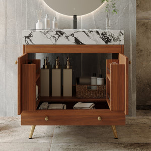 Mid-Century Free-Standing Bathroom Vanity with Faux Marble Top