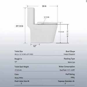 Glossy Tornado Flush 1 Piece Toilet With Dual Flush, Soft Close Seat - Gloss White