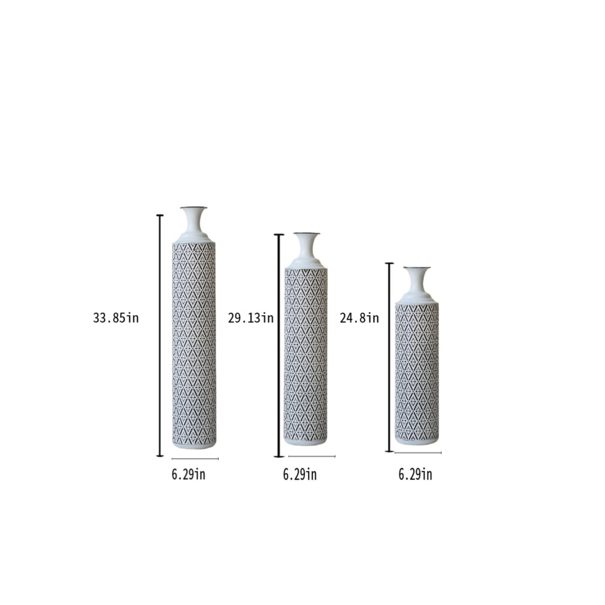 Modern Floor Vase Set – White & Black Metal Vases with Geometric Pattern – 3-Piece Home Decor Set in 24.8 in, 29.13 in & 33.85 in Heights