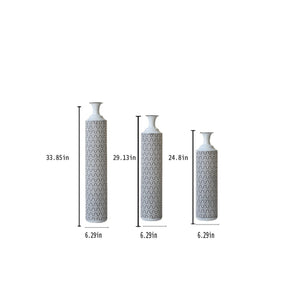 Modern Floor Vase Set – White & Black Metal Vases with Geometric Pattern – 3-Piece Home Decor Set in 24.8 in, 29.13 in & 33.85 in Heights