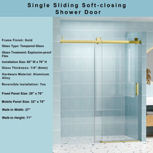 Frameless Soft-Closing Shower Door, 1/4" Tempered Glass Single Sliding