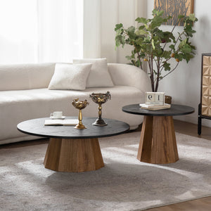 Round Coffee Table - Sturdy Pedestal Wooden Tea Table for Living Room