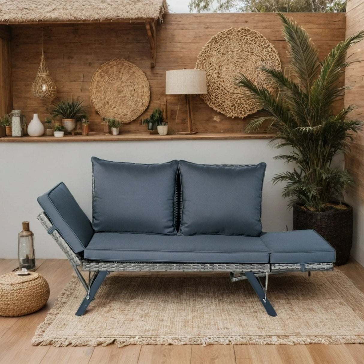 1 Pieces Patio Wicker Side Foldable Bench Patio Backyard Conversation Bench Gray Wicker - Dark Gray