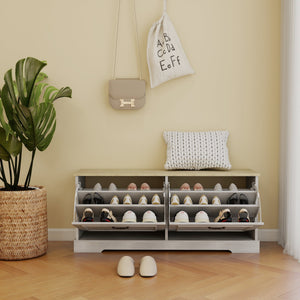 Shoe Storage Bench with 2 Flip Drawers and Adjustable Shelf - Antique