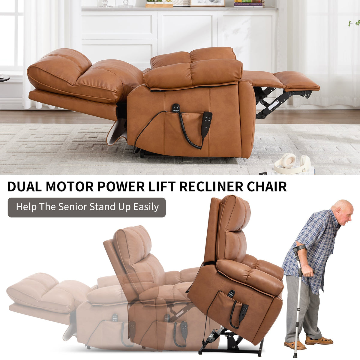 Orange Leatheraire Heat Massage Dual Motor Lift Recliner - Orange