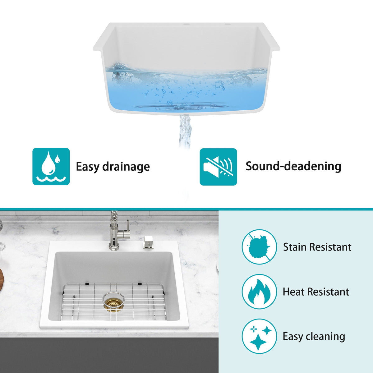 Quartz Kitchen Sink, Granite Composite, Drop In Sink With Durable Design