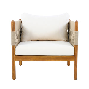 Outdoor Acacia Wood Club Chair with Diamond Rope Weave & Cushions, Teak Finish