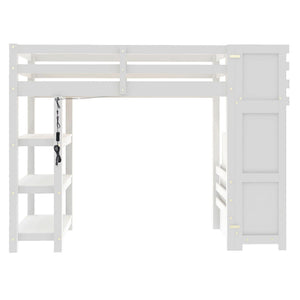 Loft Bed With 4 Layer Shelves, Storage Staircase, Small Wardrobe And LED Light